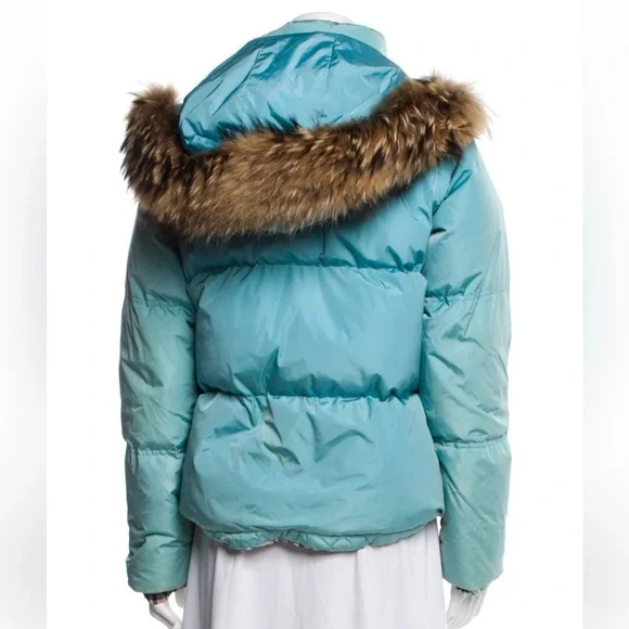 Burberry Light Blue aqua Puffer convertible Jacket to vest with real Fur Trim